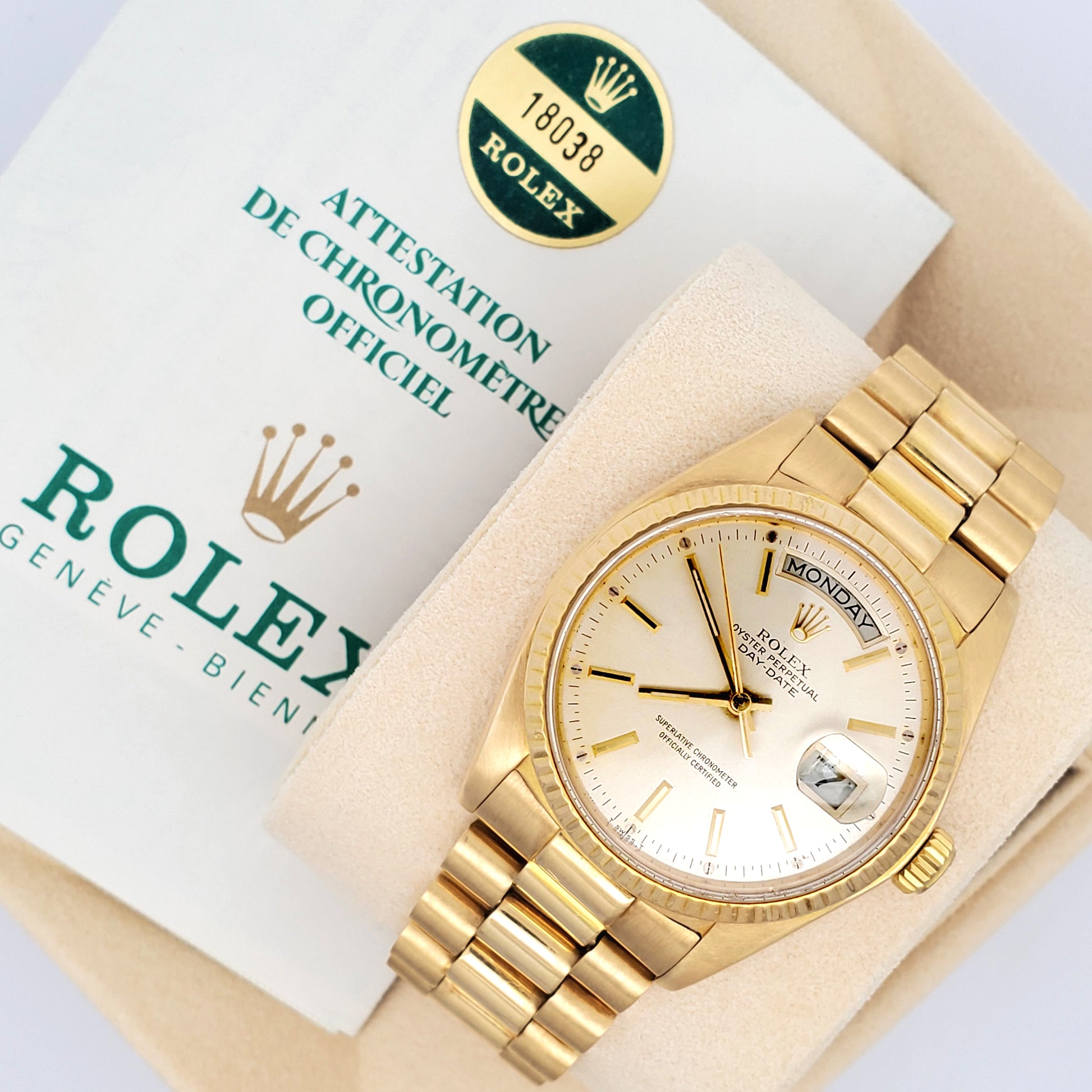 Rolex President Day-Date 36mm Silver Index Dial Yellow Gold 18038 Watch Box Papers