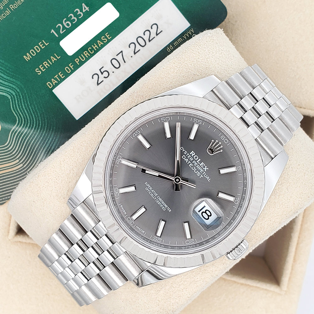 2022 Rolex Datejust 41mm 126334 Rhodium Gray Index Fluted White Gold/Steel Jubilee Watch Box Papers