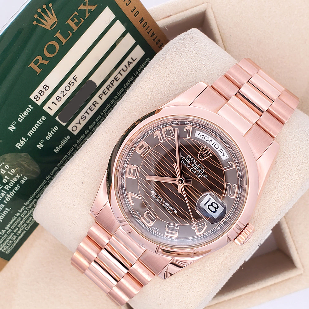 Rolex President Day-Date Chocolate Wave Arabic Dial Rose Gold 36mm Watch 118205 Box Papers
