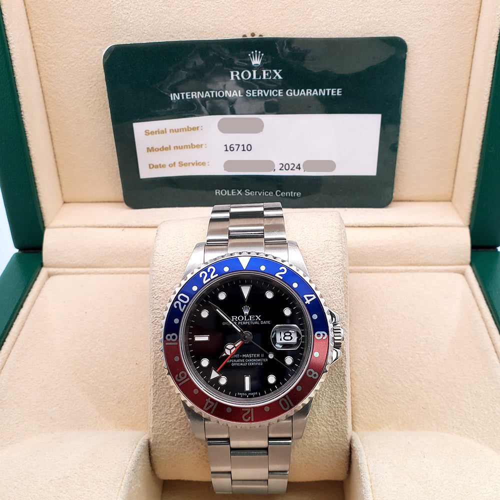 Rolex GMT-Master II 40mm Pepsi Bezel Rare Stick Dial Steel Watch 16710 Box/Service Papers
