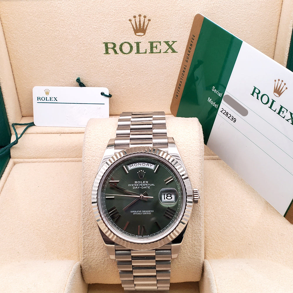 Rolex Day-Date 40 President 228239 Olive Green Roman Dial White Gold Watch Box/Papers/Tag