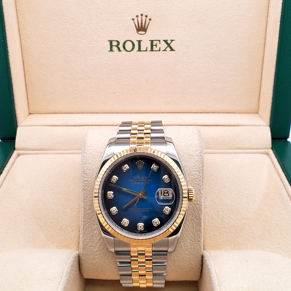 Rolex Datejust Factory Blue Vignette Diamond Dial 2-tone Yellow Gold/Steel Jubilee 36mm Watch 116233 Box/Apr