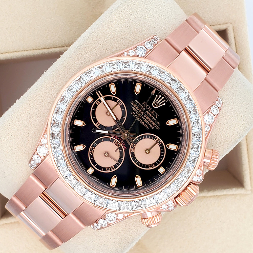 Rolex Cosmograph Daytona 8.5ct VS Princess Diamond Bezel/Lugs Rose Gold 40mm Watch 116505