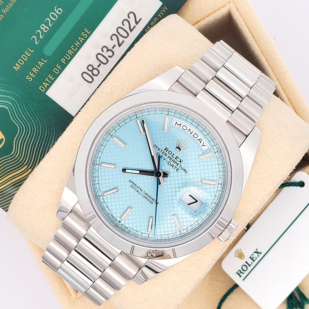 2022 Rolex President Day-Date 228206 40mm Ice Blue Diagonal Motif Index Dial Platinum Watch Box Papers