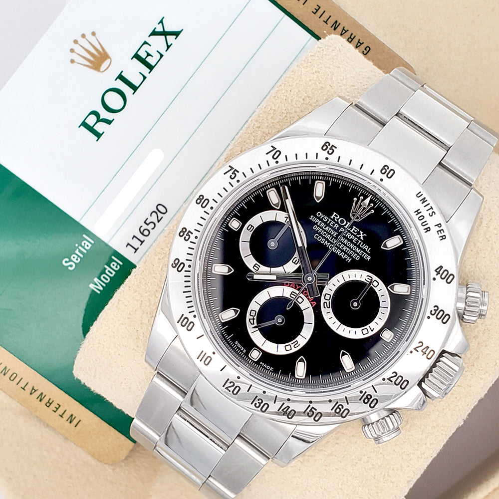 Rolex Cosmograph Daytona Engraved Rehaut 40mm 116520 Black Dial Steel Watch Box Papers