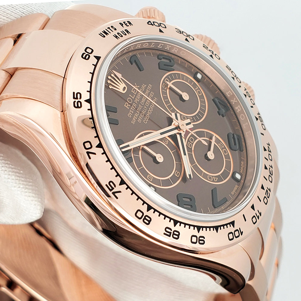 Rolex Daytona 40mm Rose Gold Chocolate Arabic Dial Cosmograph Watch 116505 Box Papers