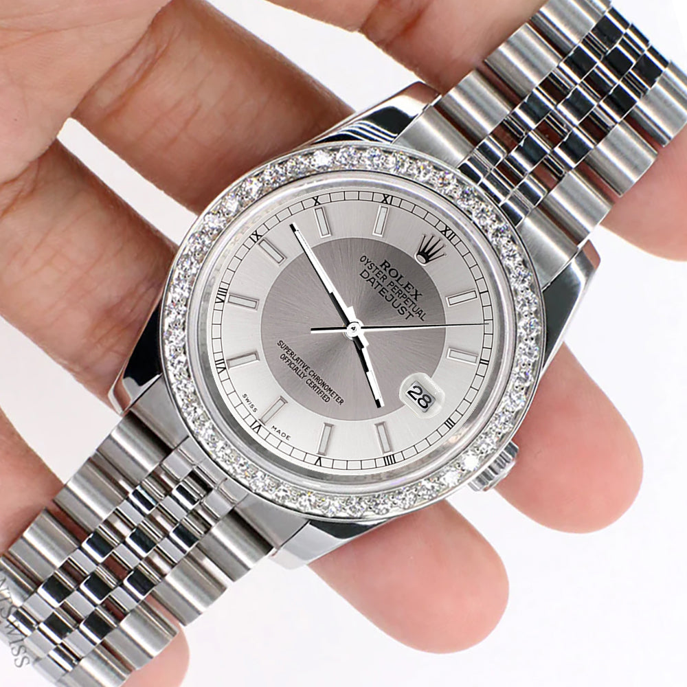 Rolex Datejust 36MM Silver Tuxedo Dial Steel Jubilee Watch with 1.85CT Custom Diamond Bezel 116200