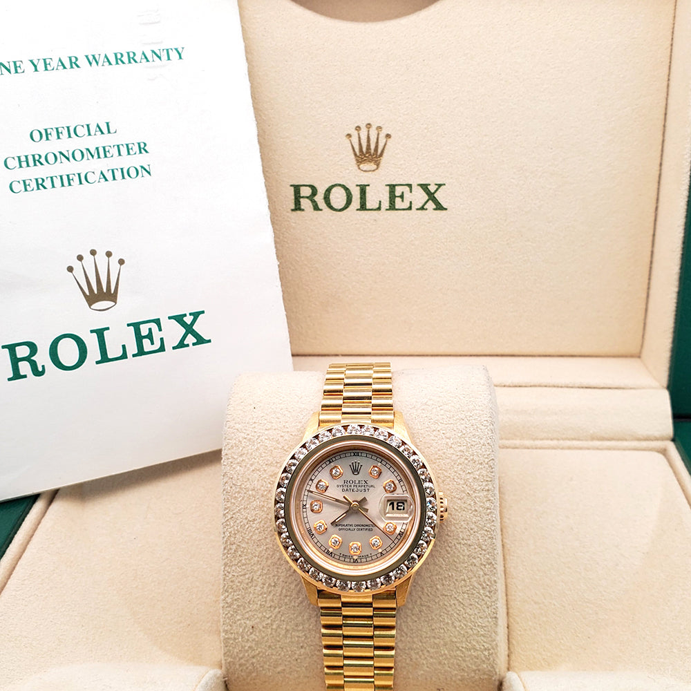 Rolex President Ladies 26mm Custom Silver Diamond Dial /Bezel Yellow Gold Watch 69178 Box Papers