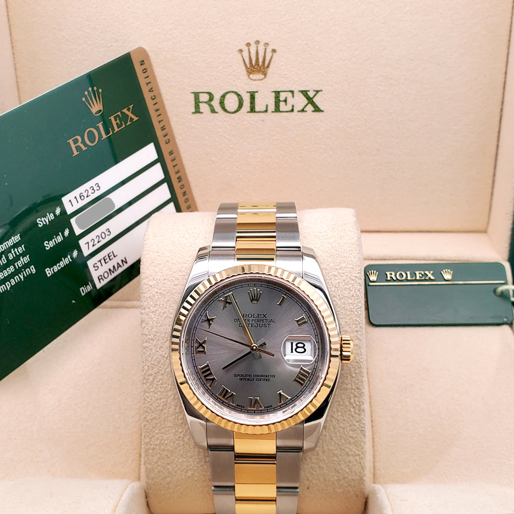 Rolex Datejust 36mm Slate Roman 2-Tone Yellow Gold/Steel Oyster Watch 116233 Box/Papers/Tag