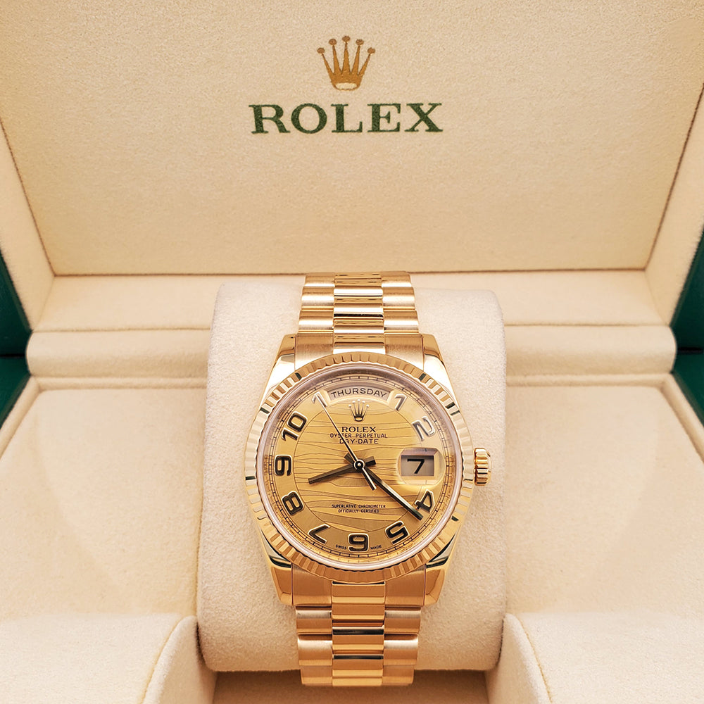 Rolex Day-Date 36 Yellow Gold Champagne Arabic Dial Watch 118238