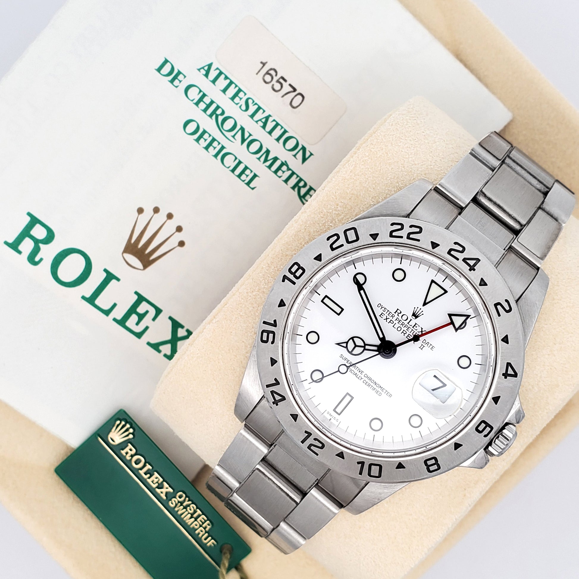 Stickered Rolex Explorer II 40mm Polar White Steel Oyster Watch 16570 Box Papers