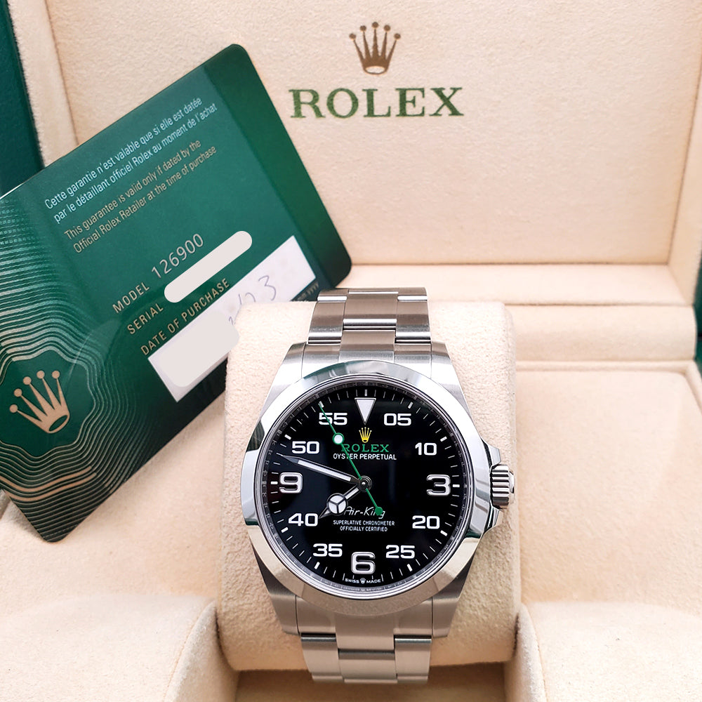 2023 Rolex Air King 126900 Black Dial Green Script Steel 40mm Watch Box Papers