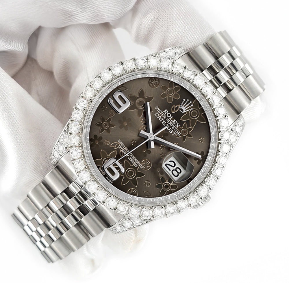 Rolex Datejust 116200 36mm 3.9CT Diamond Bezel/Lugs/Rhodium Floral Dial Steel Watch