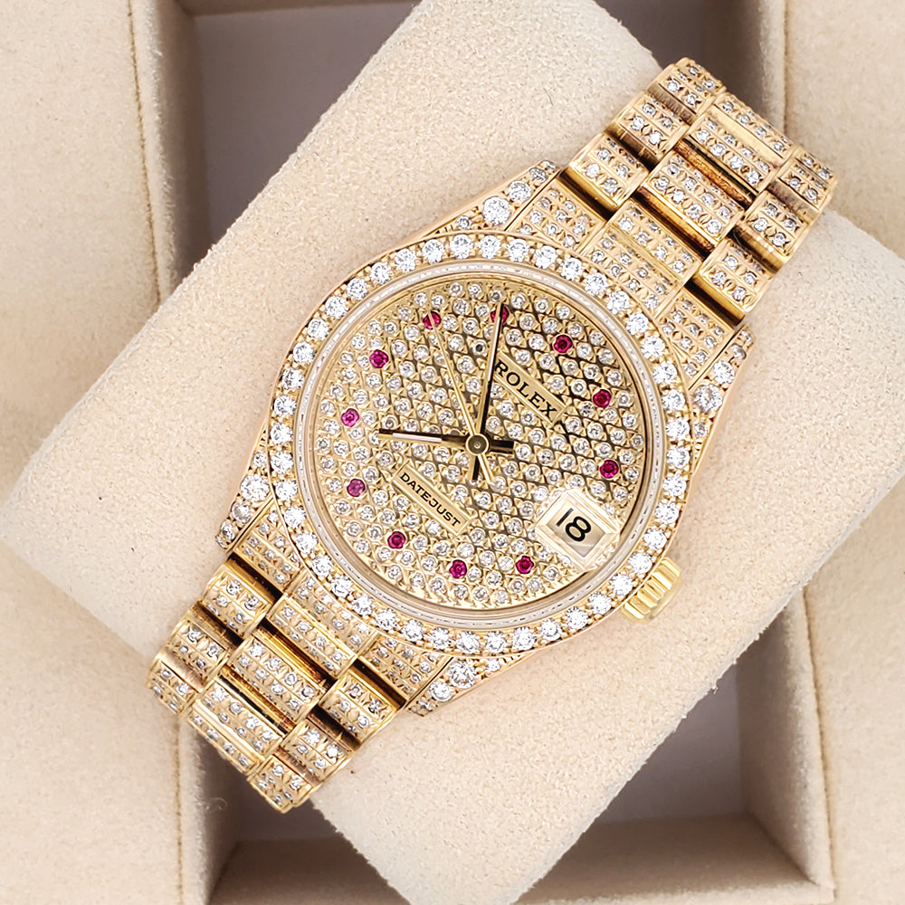 Rolex President Datejust Midsize 31mm Custom 7.2ct Full Pave Diamond Yellow Gold Watch 68288
