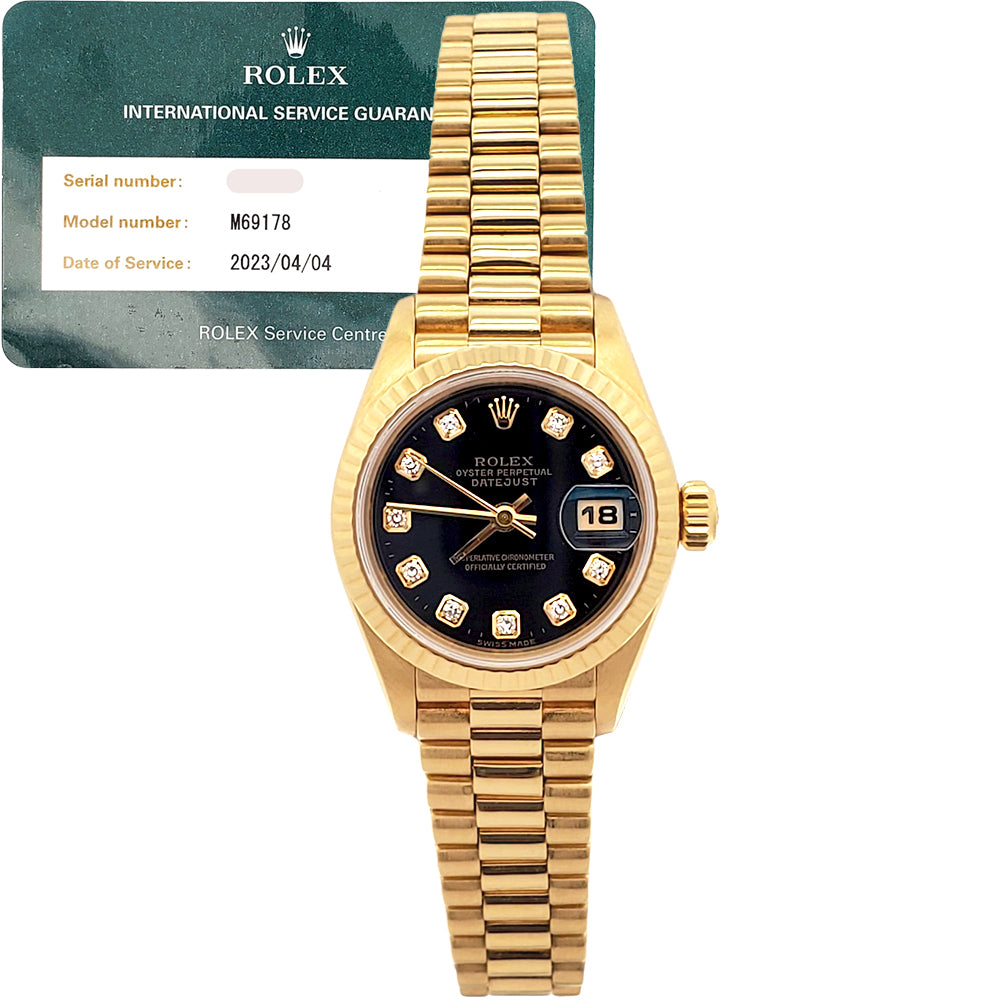 Rolex President Datejust 69178 Factory Black Diamond Dial Yellow Gold 26mm Watch Box Service Papers