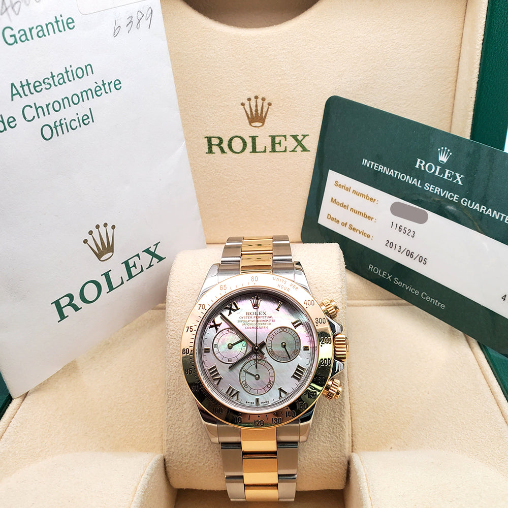 Rolex Cosmograph Daytona Factory Tahitian Mother of Pearl Dial Yellow Gold/ Steel Watch 116523 Box/Papers/Service Papers