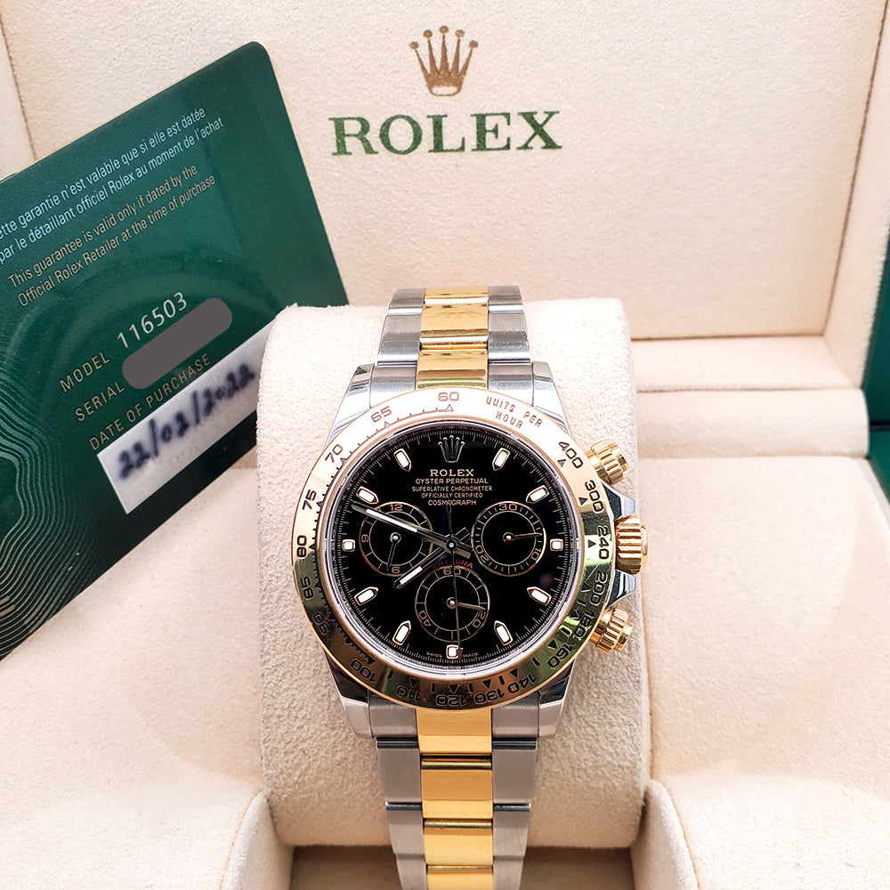 2022 Rolex Cosmograph Daytona 40mm Black Dial 2-Tone Yellow Gold/Steel Watch 116503 Box Papers