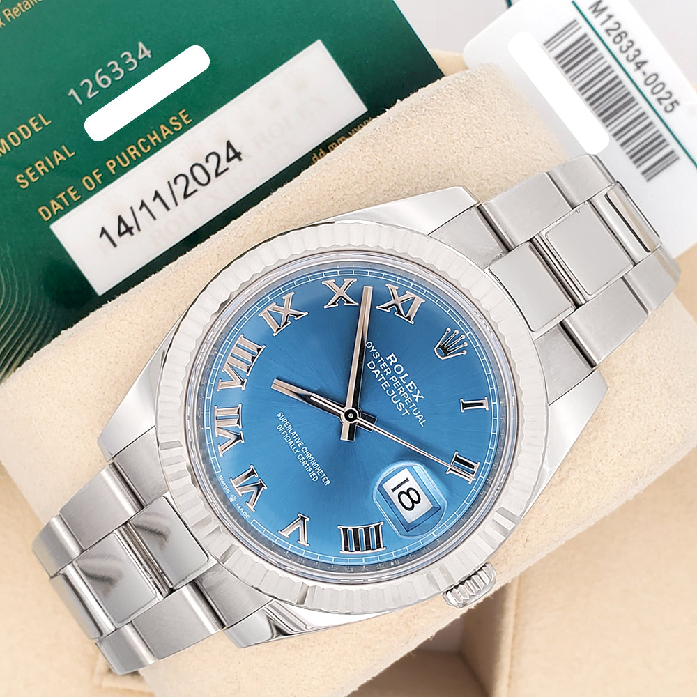 2024 Rolex Datejust 41 Blue Roman White Gold Fluted Bezel Watch 126334 Box/Papers/Tag