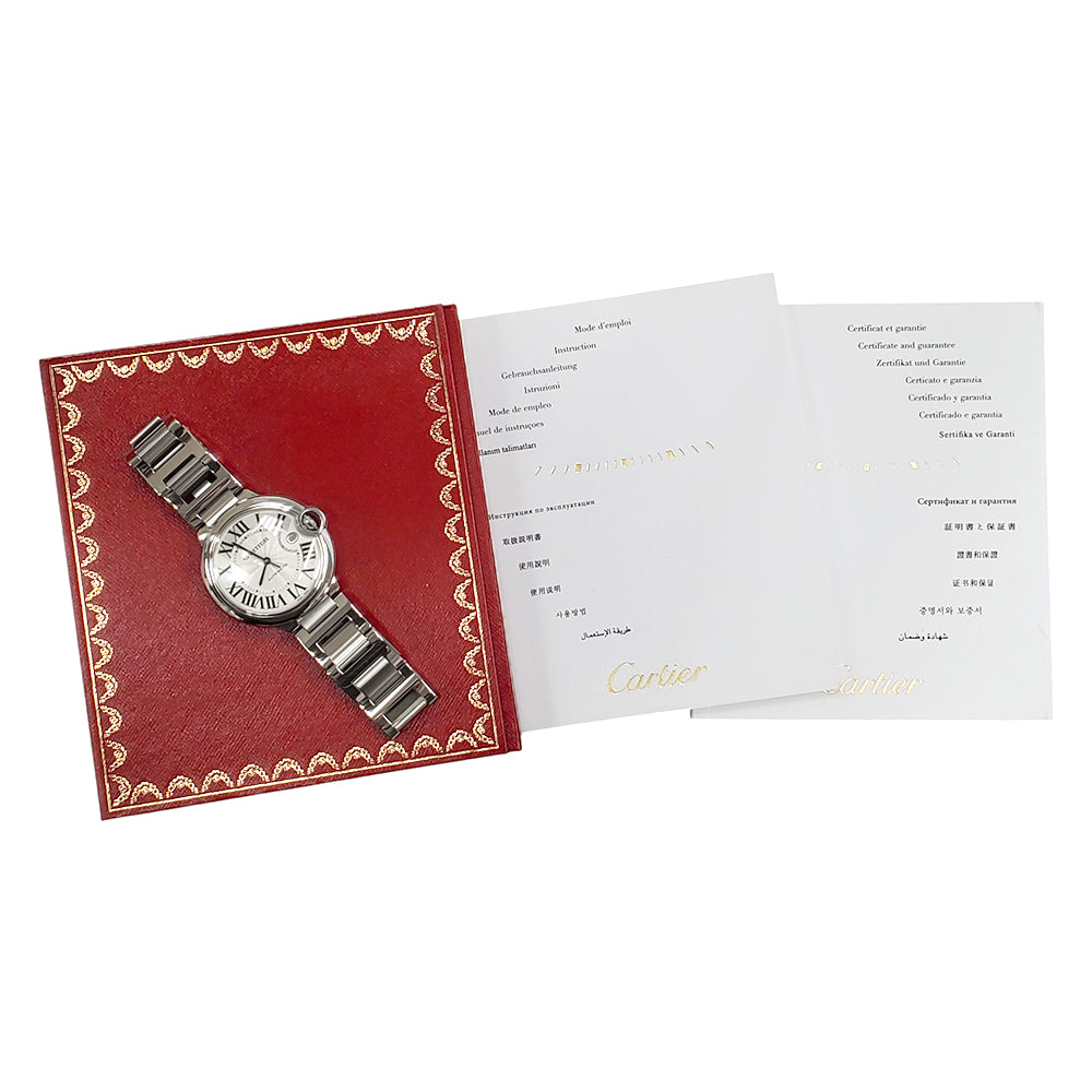 Cartier Ballon Bleu 42mm Silver Roman Steel Watch W69012Z4 3001 Papers