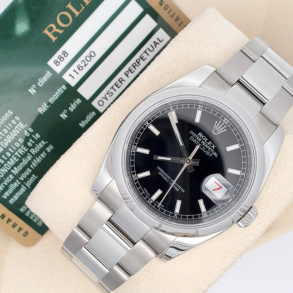 Rolex Datejust 36mm Black Index Dial Steel Oyster Watch 116200 Box Papers