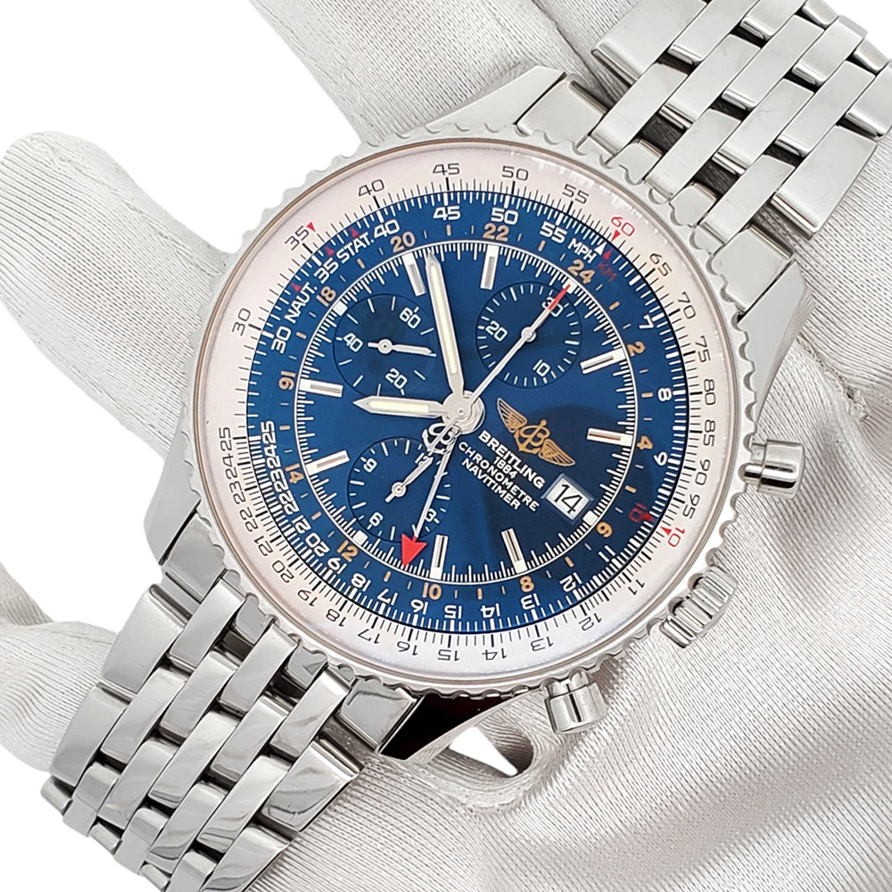 Breitling Navitimer Blue Dial World 46mm Chronograph GMT Steel Watch A24322 Box Papers