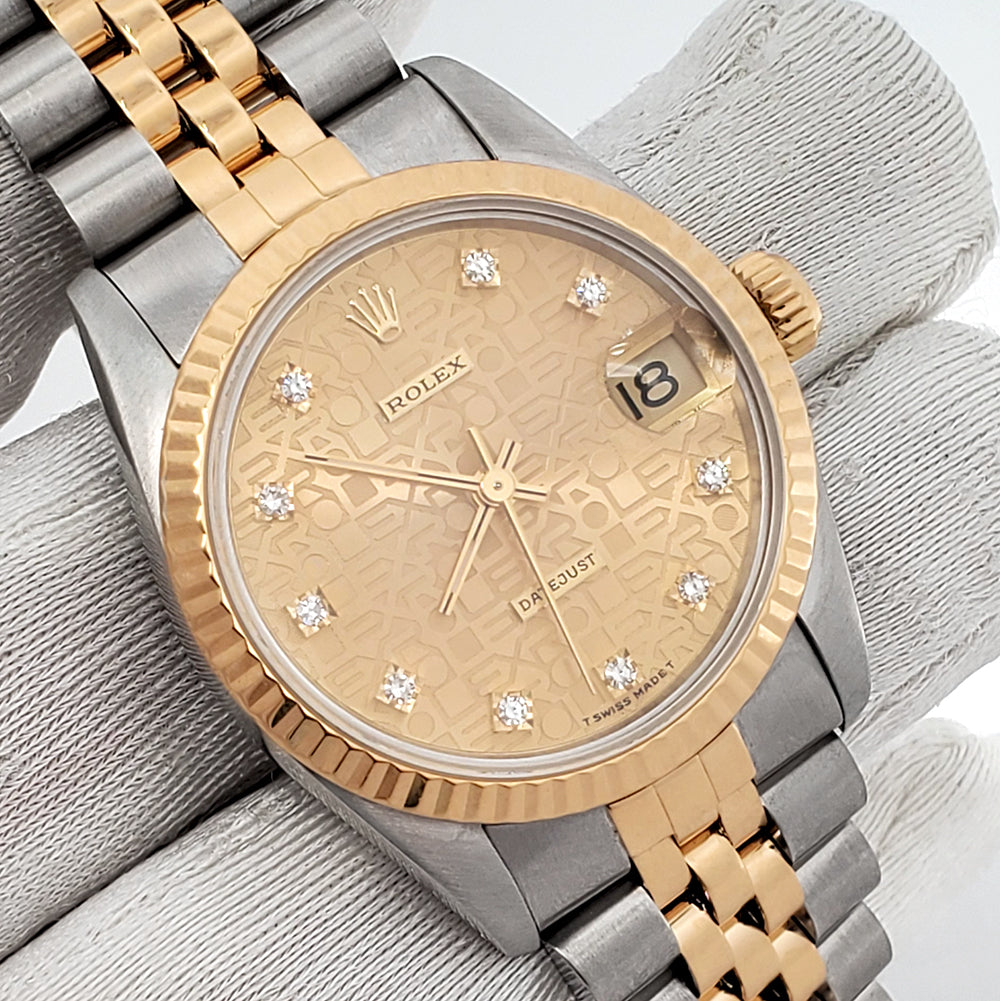 Rolex Datejust 31mm Factory Champagne Jubilee Diamond Dial Yellow Gold Fluted Bezel Watch 68273