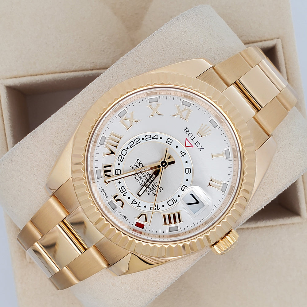 Rolex Sky-Dweller Yellow Gold 326938 Silver Sunray Roman Dial 42mm Oyster Watch