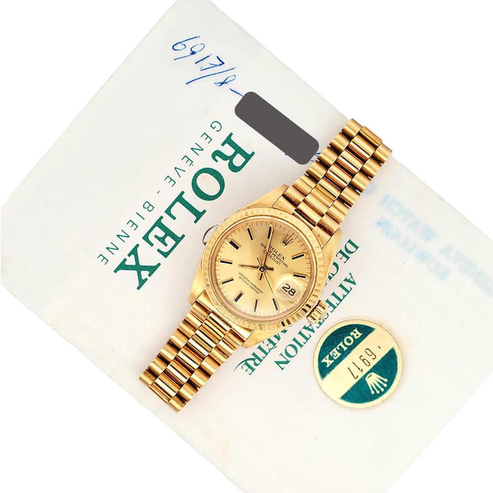 Rolex President Ladies Champagne Index Yellow Gold 26mm Watch 6917 Papers