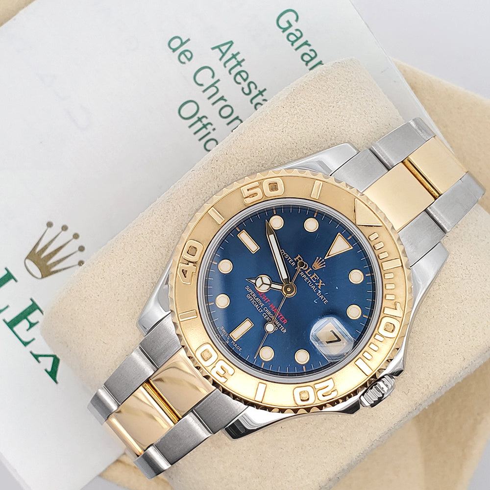 Rolex Yacht-Master Blue Dial Midsize 35mm Yellow Gold/Steel Watch 168623 Box Papers
