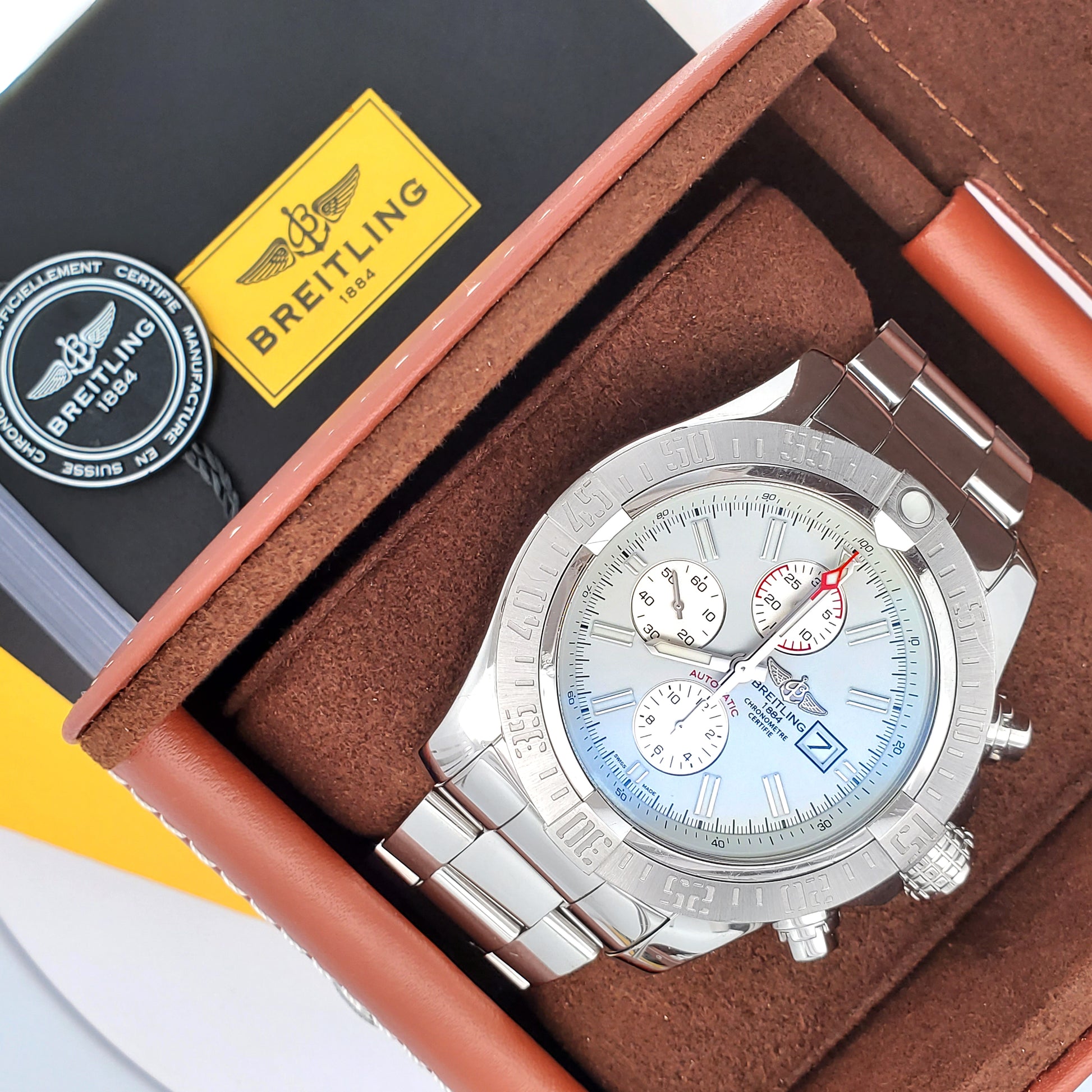 Breitling Super Avenger II White Index Chronograph 48mm Steel Watch A13371 Box Papers