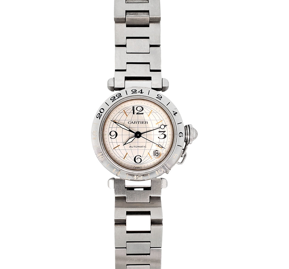 Cartier Pasha GMT Meridian 35mm Silver Grid Dial Steel Watch 2377 W31029M7