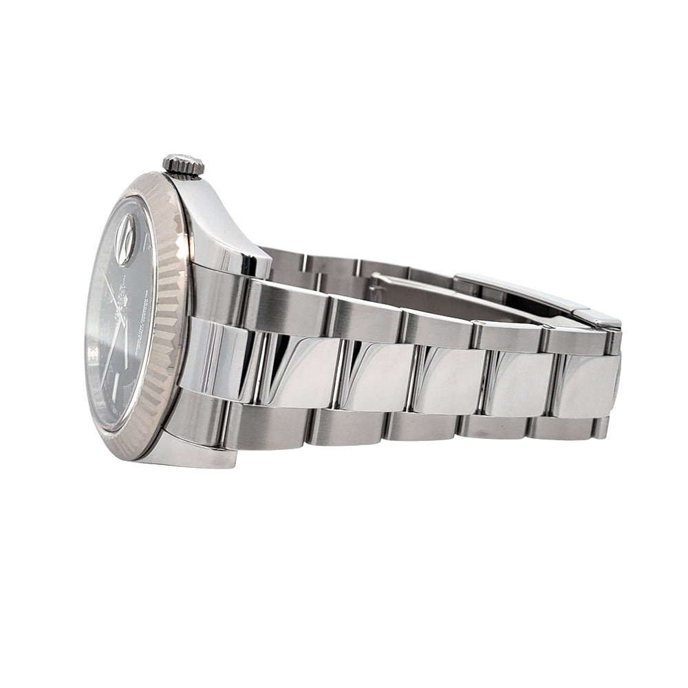 Rolex Datejust II 41mm 116334 Black Roman Dial White Gold Fluted Bezel Steel Watch Box Papers