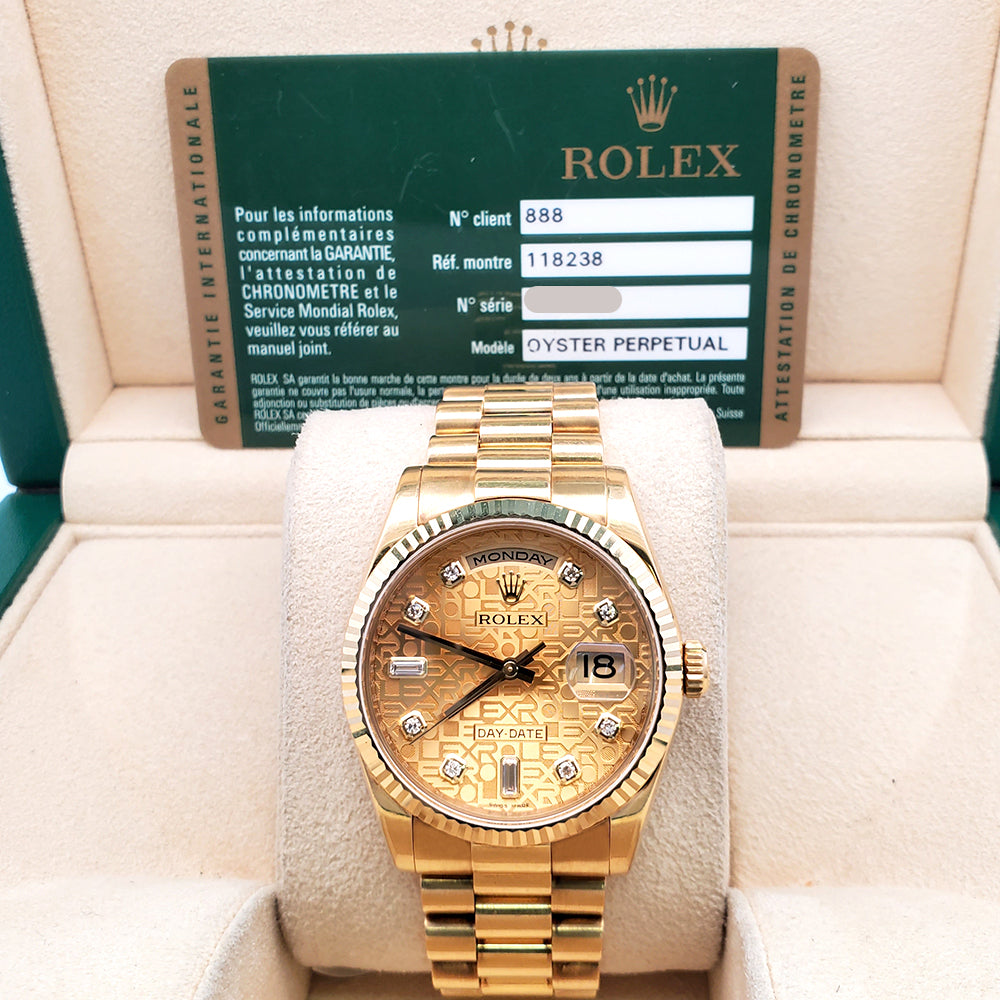 2011 Rolex President Day-Date Factory Champagne Jubilee Diamond Dial Yellow Gold 36mm Watch 118238 Box Papers