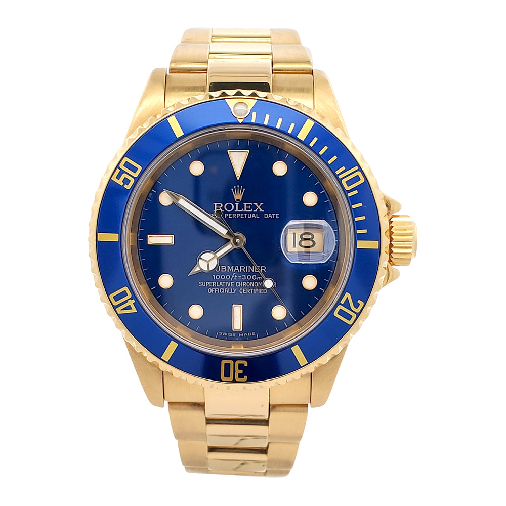 2005 Rolex Submariner Date 18K Yellow Gold Factory Blue Dial/Bezel 40mm Oyster Watch 16618 T