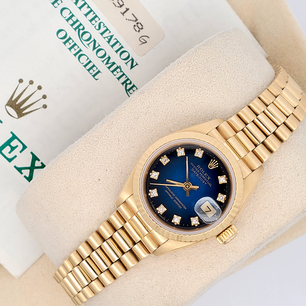 Rolex President Factory Blue Vignette Diamond Dial Yellow Gold Ladies 26mm Watch 69178 Box Papers