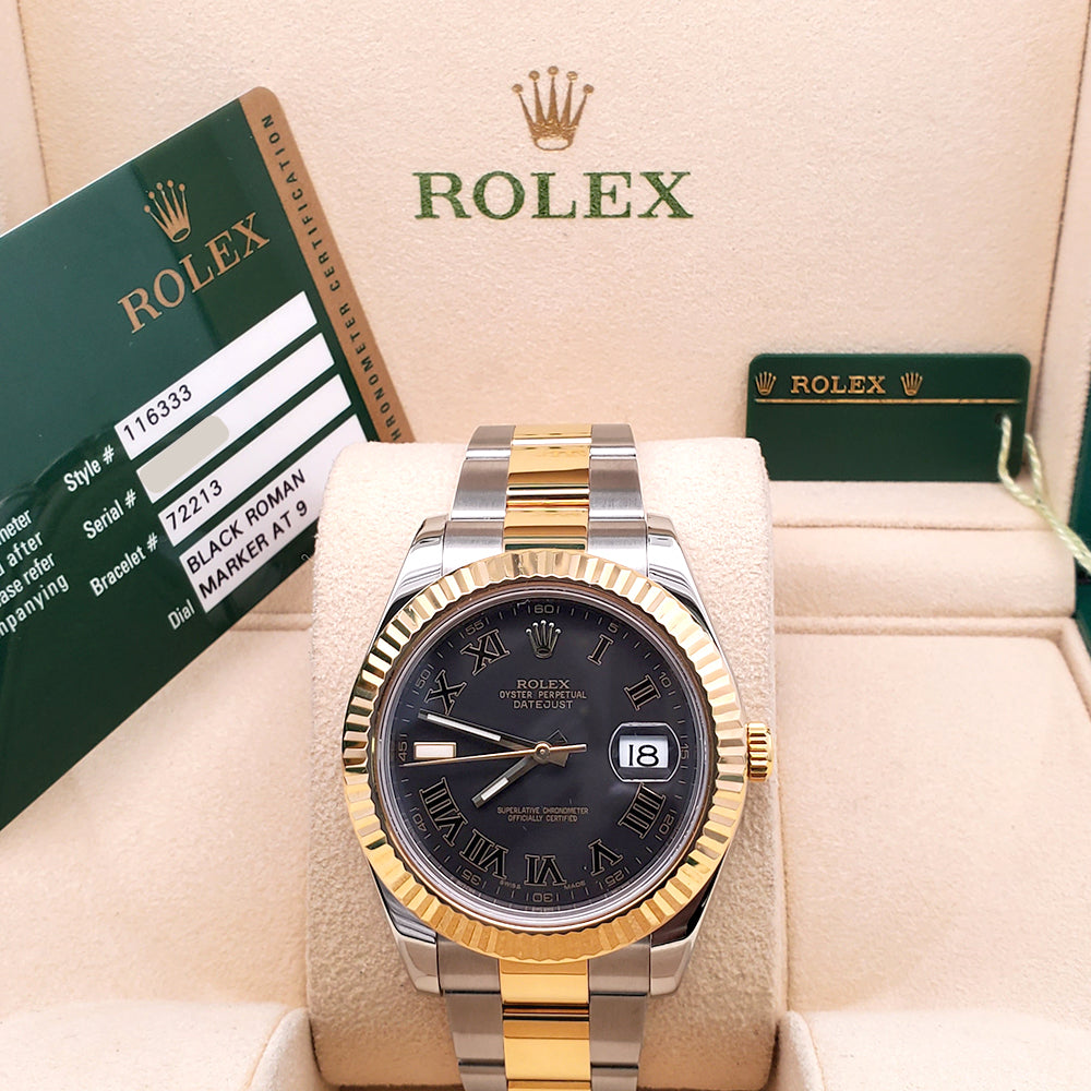 Rolex Datejust II 41mm Black Roman Dial 2-Tone Yellow Gold/ Steel Watch 116333 Box/Papers/Tag