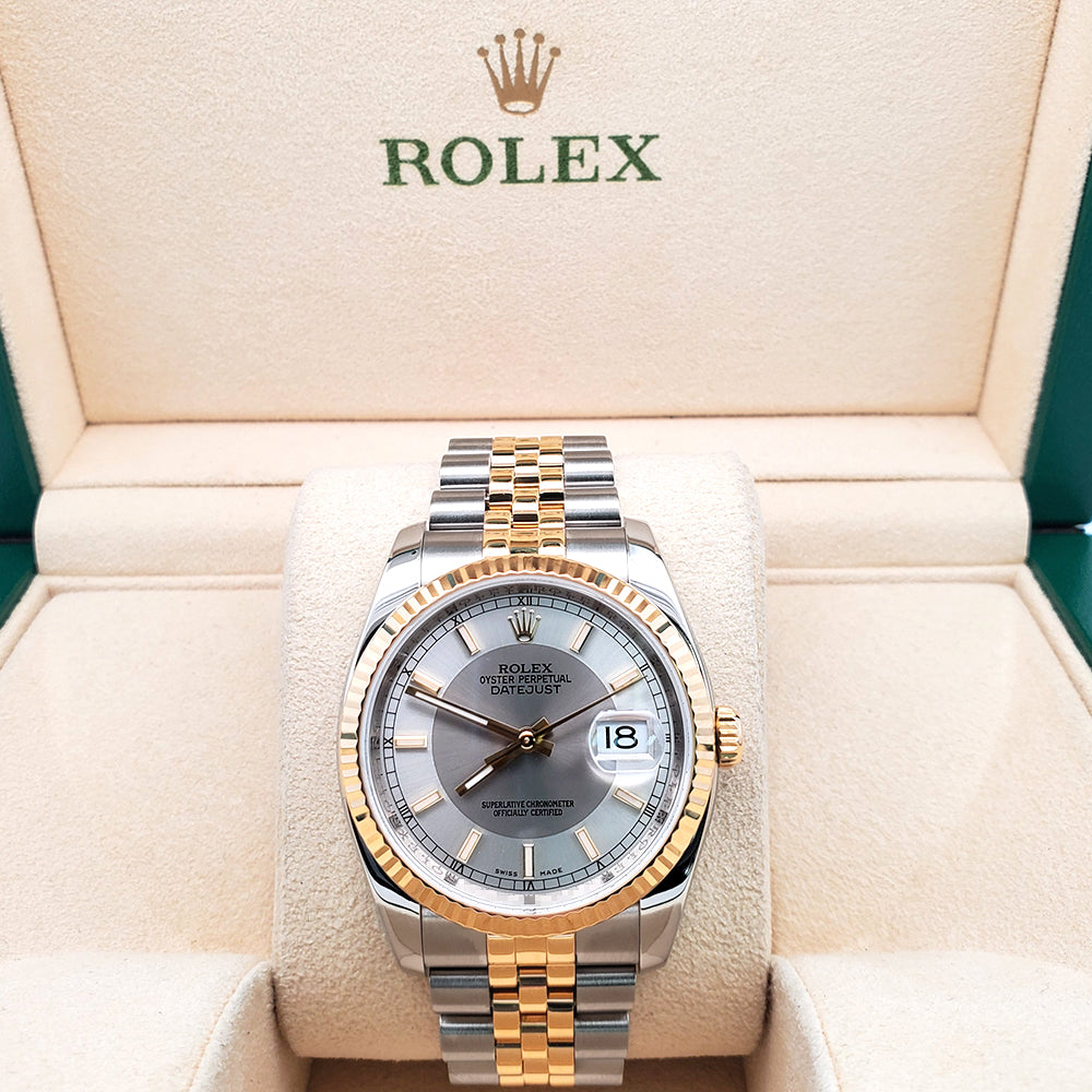 Rolex Datejust 36mm Silver Tuxedo 2-tone Yellow Gold/Steel 116233 Jubilee Watch Box/Apr
