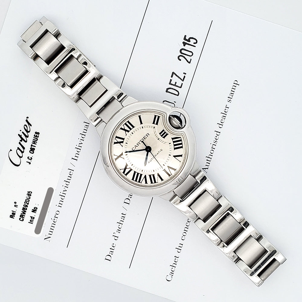 Cartier Ballon Bleu 33mm Silver Roman Dial Stainless Steel Watch W6920071 3489 Papers