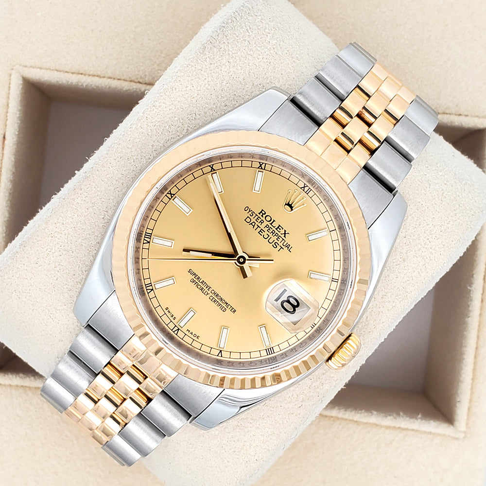 Rolex Datejust 36mm 2-Tone Yellow Gold/Steel Champagne Index Dial Watch 116233