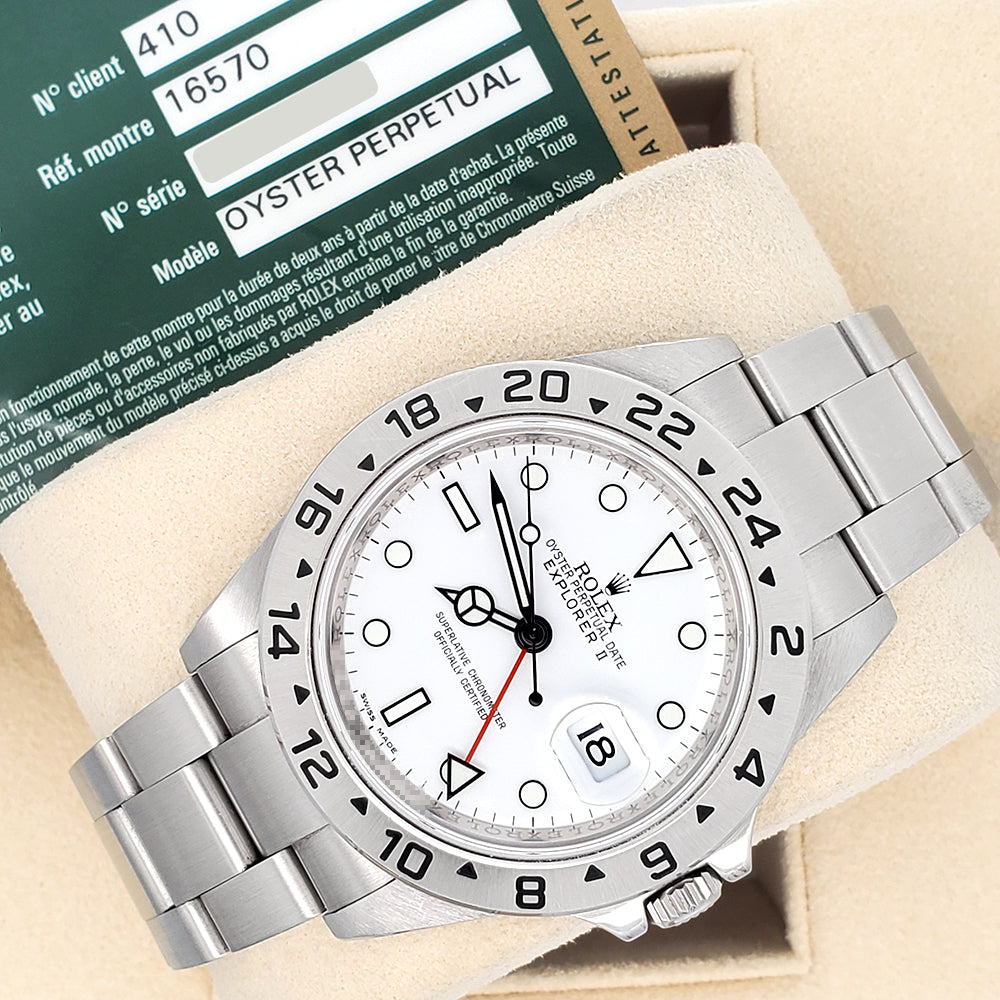 Unpolished 2011 3186 Rolex Explorer II 40mm Engraved Rehaut Polar White Steel Watch 16570 Box Papers