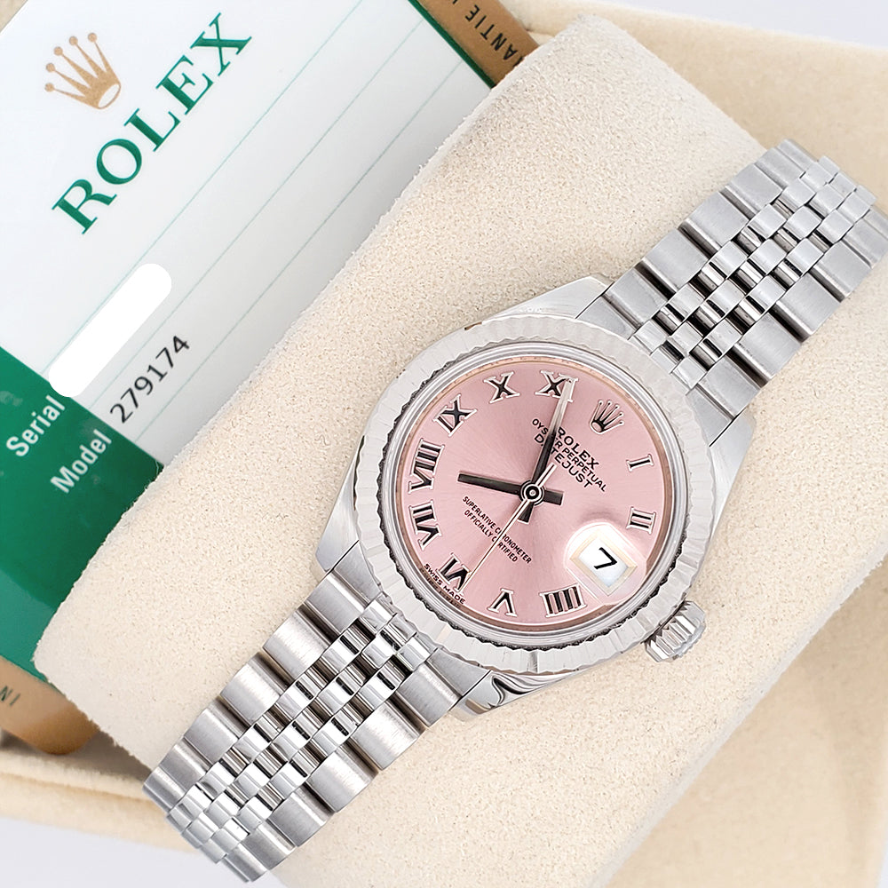 Rolex Datejust 28mm White Gold Bezel Pink Roman Dial Ladies Steel Jubilee Watch 279174 Box Papers
