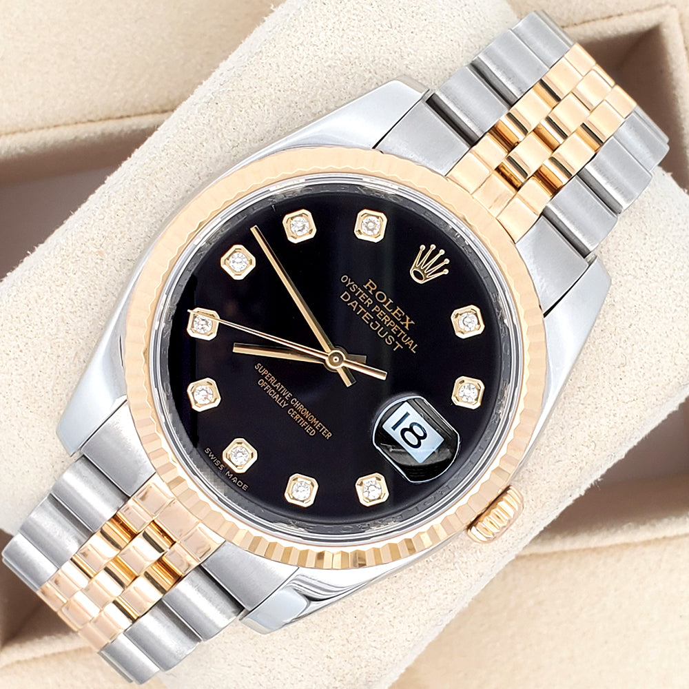 Rolex Datejust 36mm Factory Black Diamond 2-Tone Yellow Gold/Steel Jubilee Watch 116233