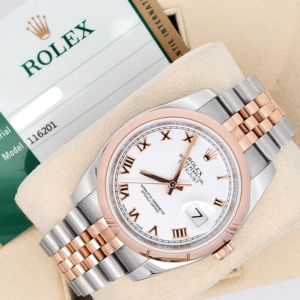 2016 Rolex Datejust 36mm White Roman 2-tone Rose Gold/Steel Jubilee Watch 116201 Box Papers