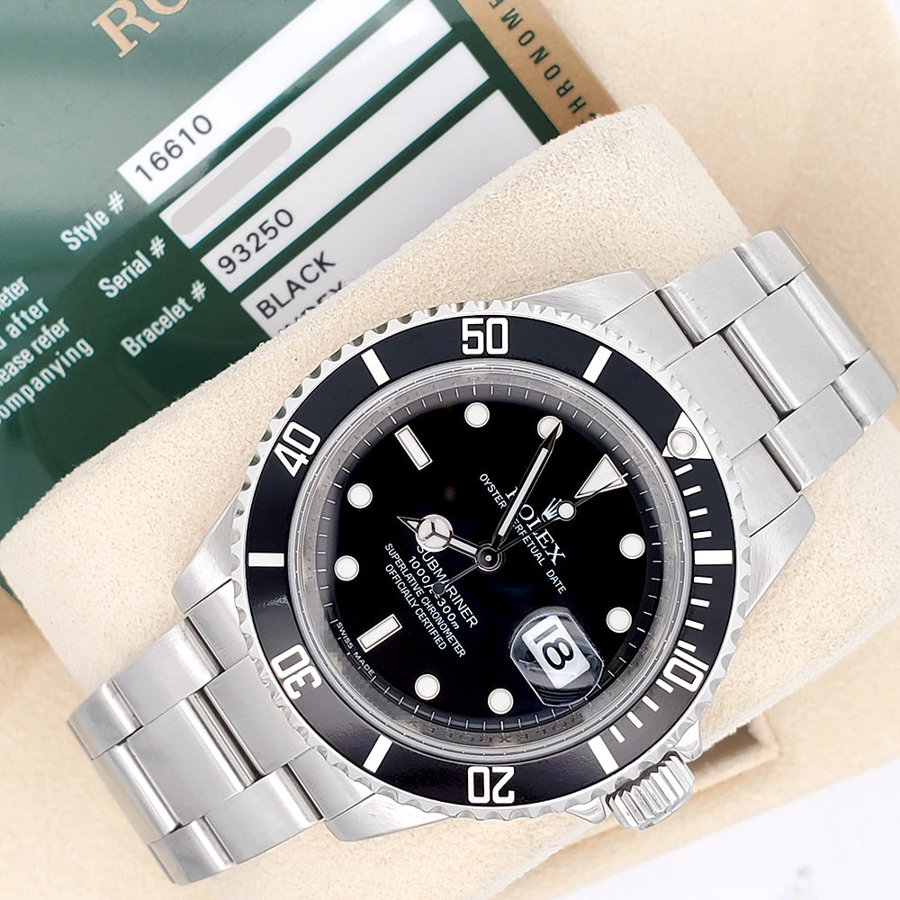 Rolex Submariner Date 40mm Engraved Rehaut Steel Watch 16610 Box Papers