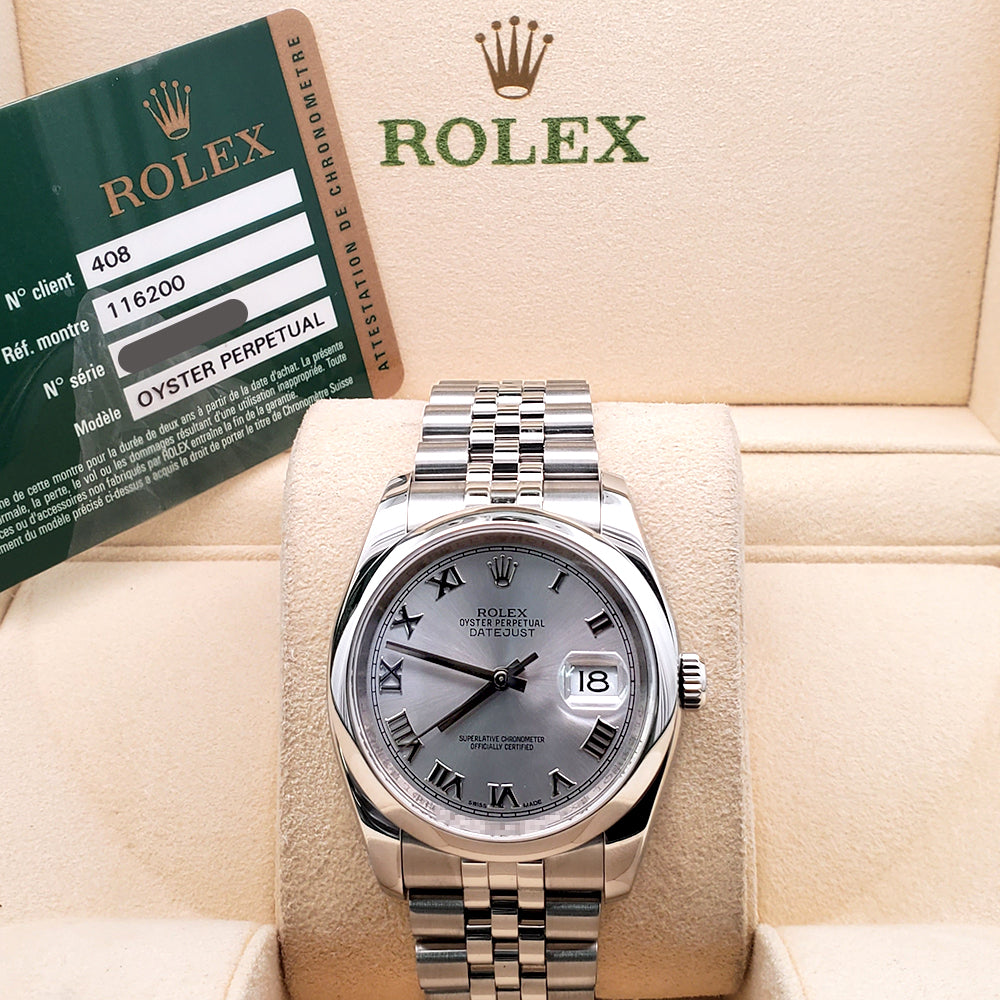 Rolex Datejust 36mm Gray Roman Dial Steel Jubilee Watch 116200 Box Papers