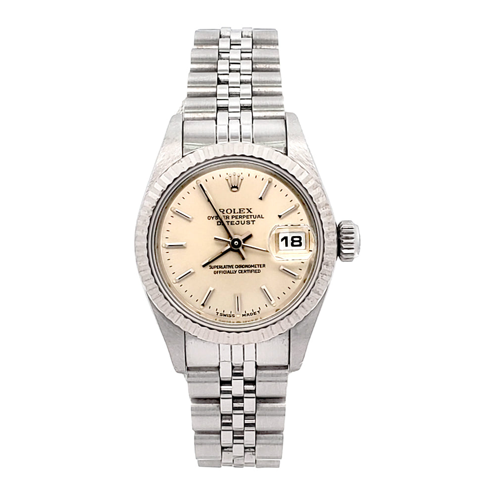 Rolex Datejust Silver Index Dial/White Gold Fluted Bezel/Steel Jubilee 26mm Watch 69174 Serial Tag