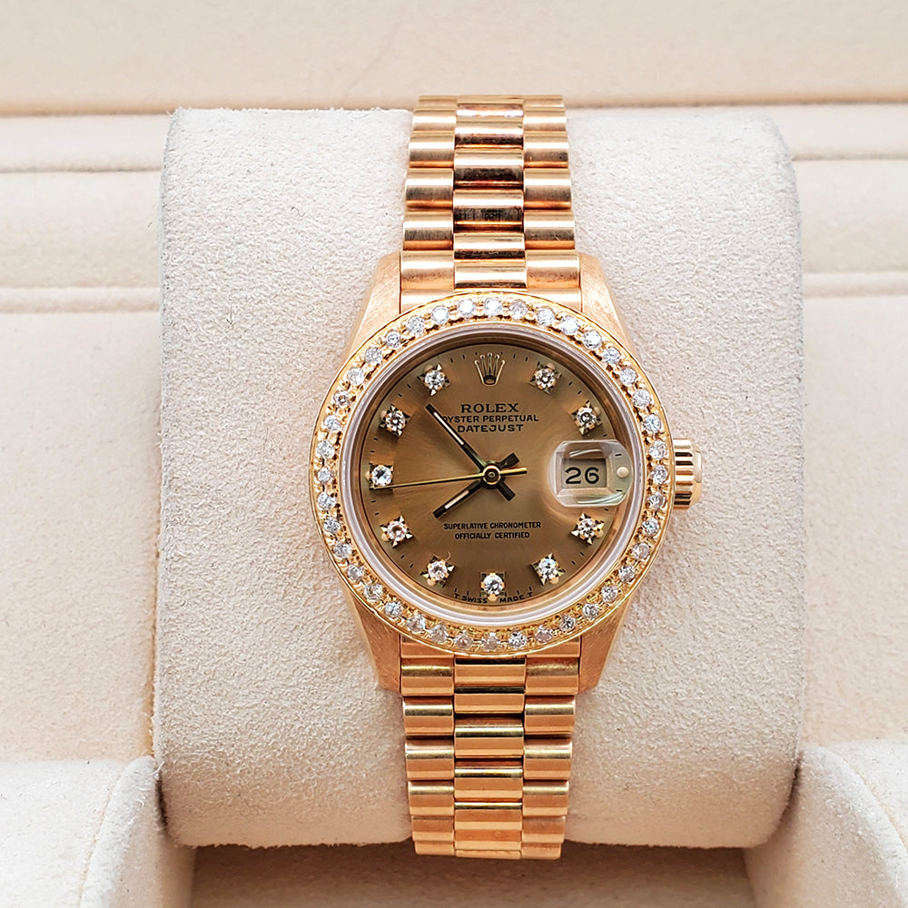 Rolex President Datejust 26mm Factory Champagne Diamond Dial Yellow Gold Watch 69178