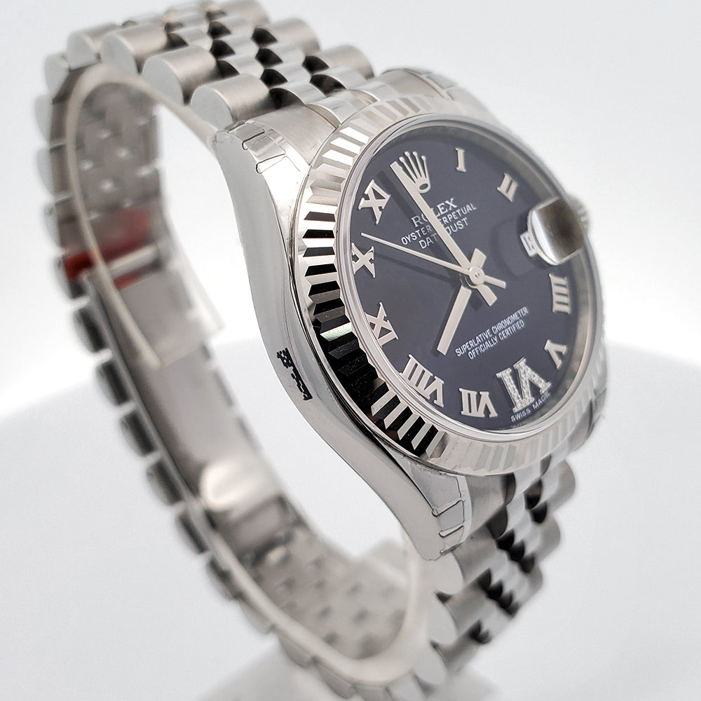 Unworn Rolex Datejust 31mm 178274 Purple Roman Dial 18k Fluted Bezel Steel Jubilee Watch Box Papers