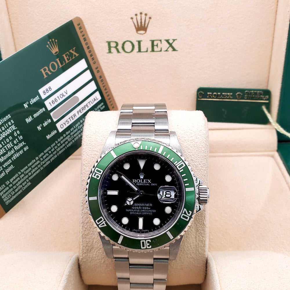 2009 Rolex Submariner "Kermit" Date Engraved Rehaut Black Green Steel 16610LV Box/Papers/Tag