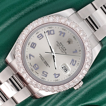 Rolex Datejust II 41mm 3.8ct Diamond Bezel/Silver Arabic Dial Steel Watch 116300 Box Papers